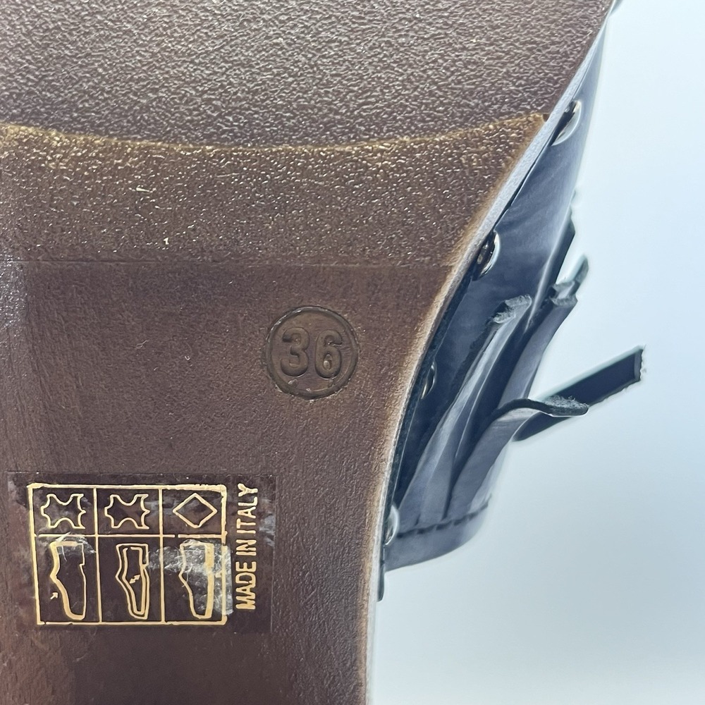 Lamica Navy Clog Leather Fringe Stud Wood Heel Platform Blue Women US 6 36 Italy - Picture 11 of 11